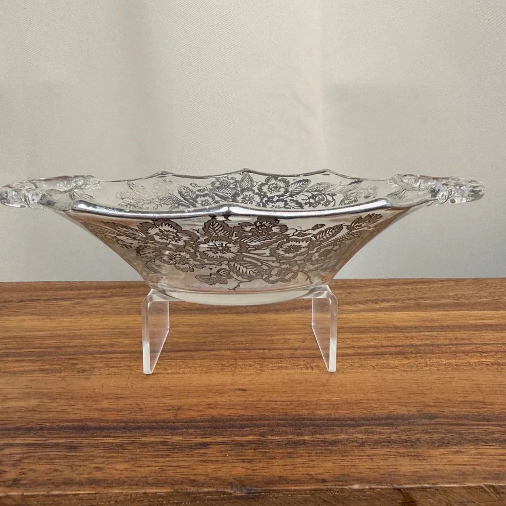 Silver City Glass Sterling Silver Overlay Floral Bowl Octagonal Handled Vintage